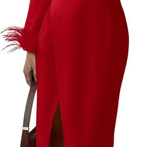 Women's Midi Bodycon Dress Feather Long Sleeve Formal Wedding Guest Party